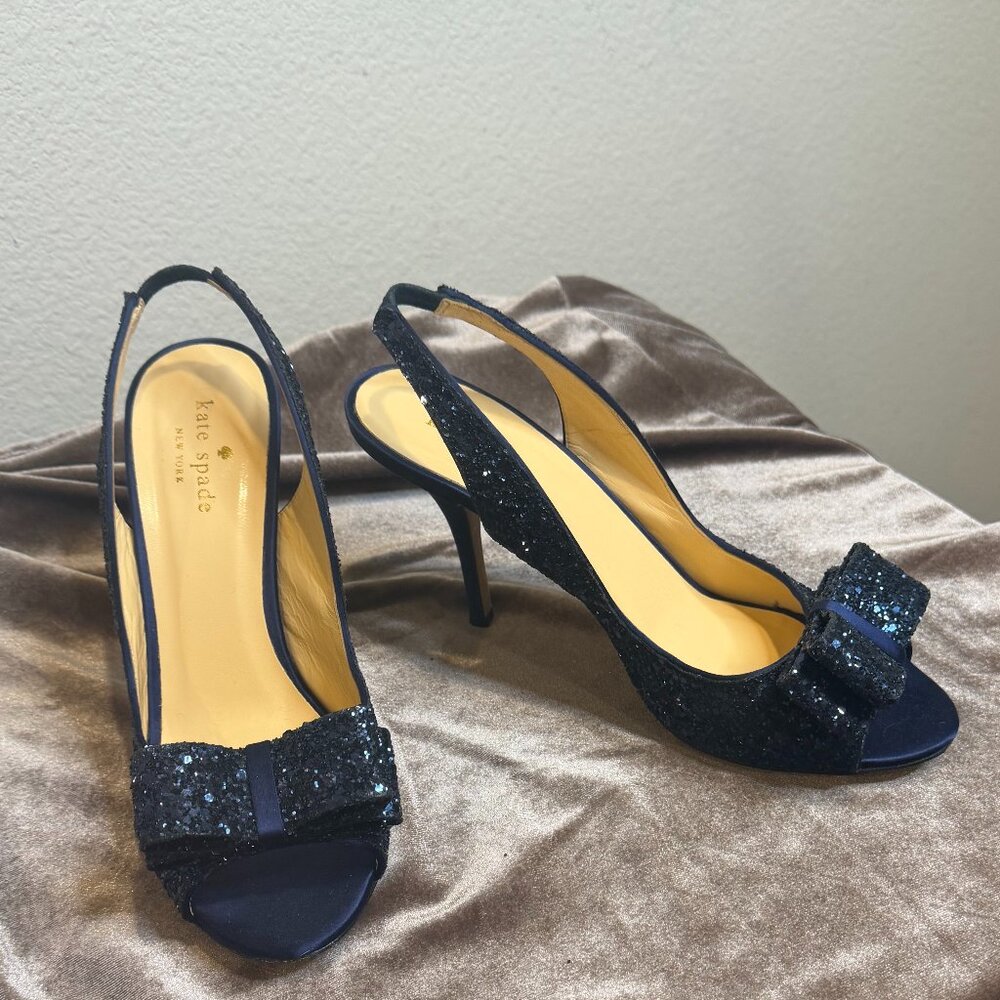 KATE SPADE Navy Glitter Blue Bow Slingback Charm Heels 8 designer glam couquette - Picture 4 of 13
